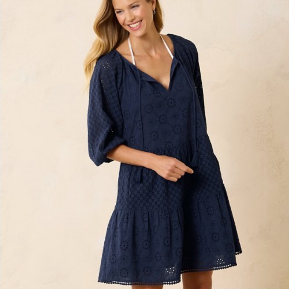 Tommy Bahama Harbour Eyelet Raglan Dress Mare Navy NWT Size M